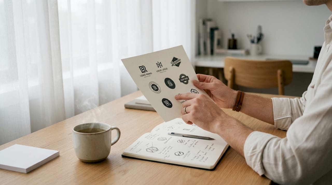 Hands holding printed simple logos in black and white