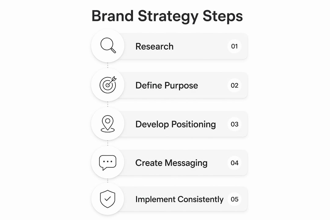 Infographic showing brand strategy creation steps from research to implementation
