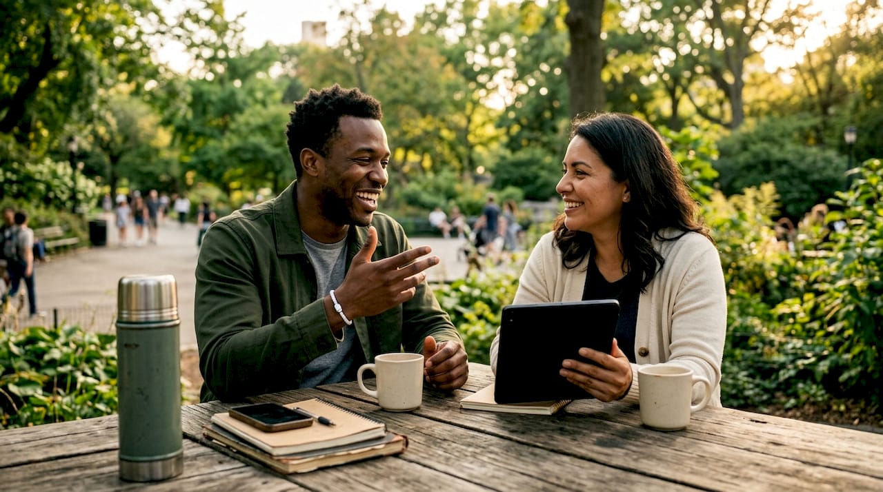 Small business owners discussing brand storytelling