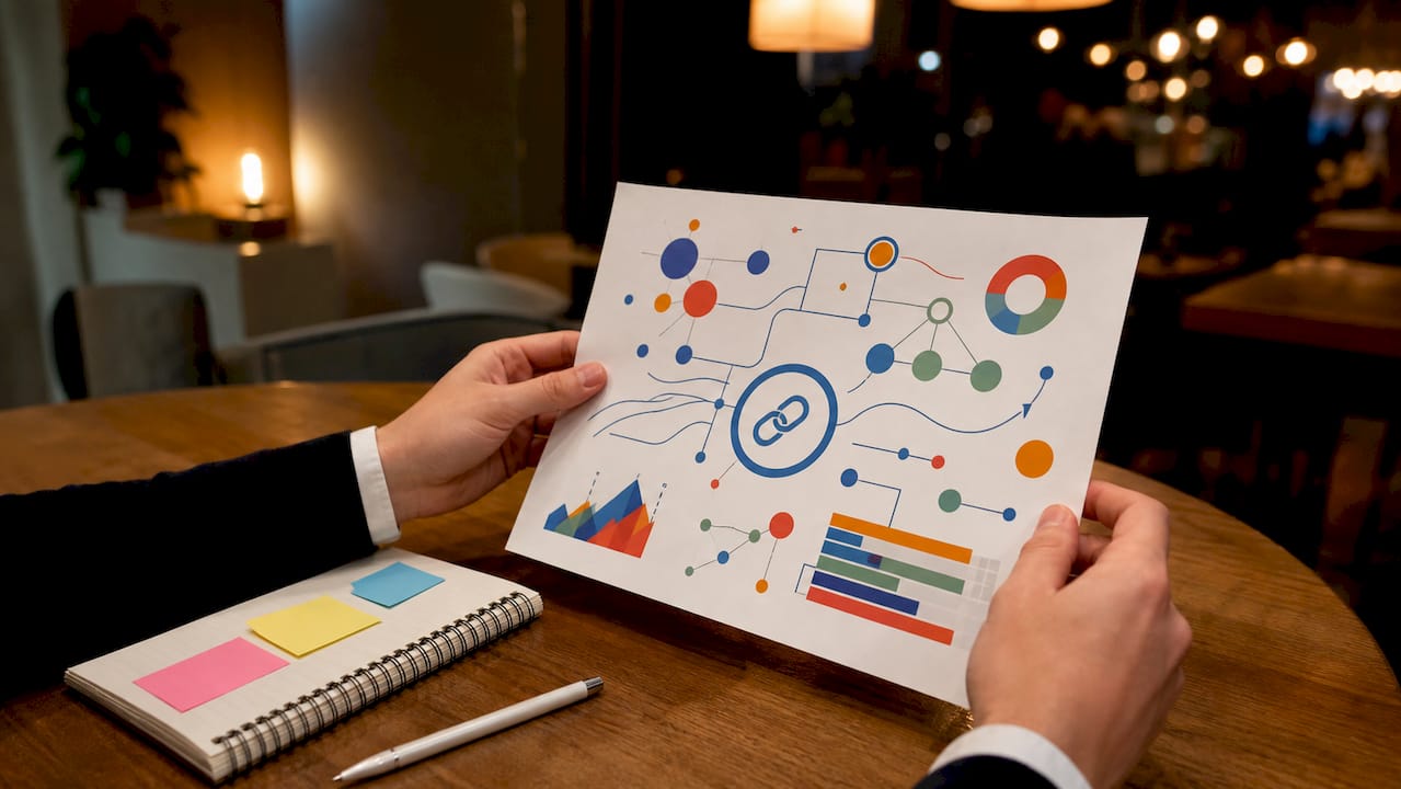 Hands pointing at backlinks chart on table