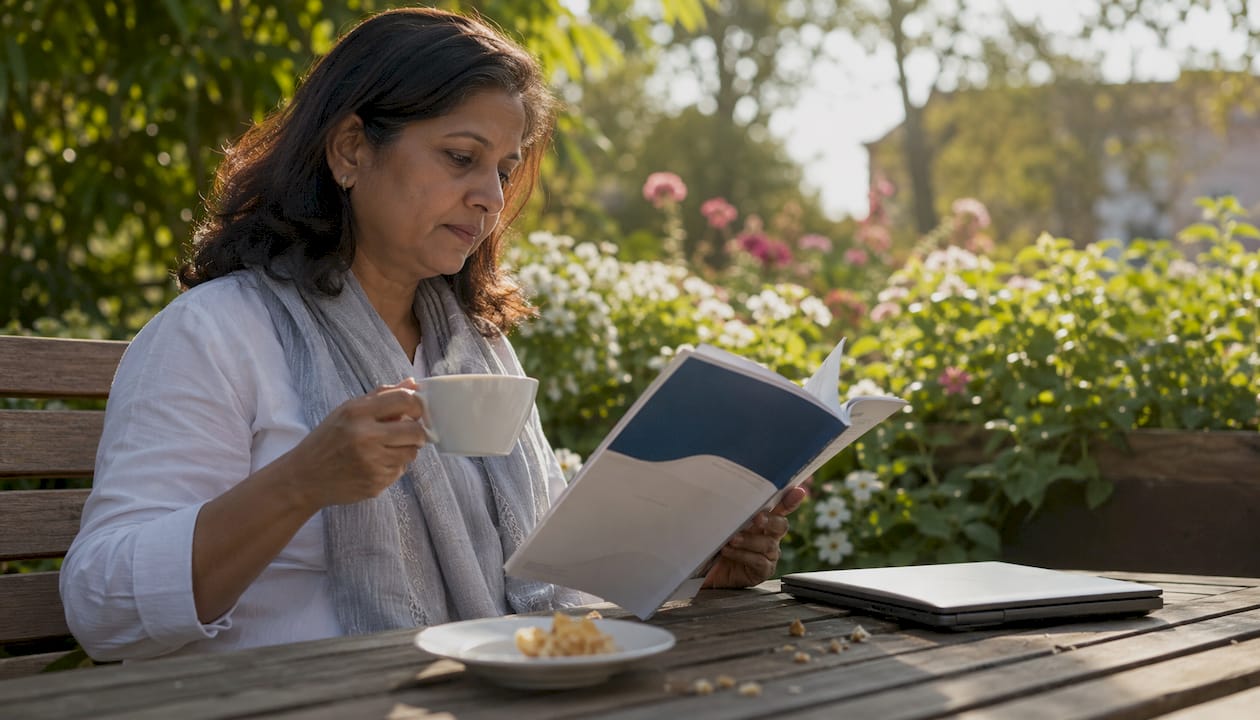 Customer reading brand voice brochure in café