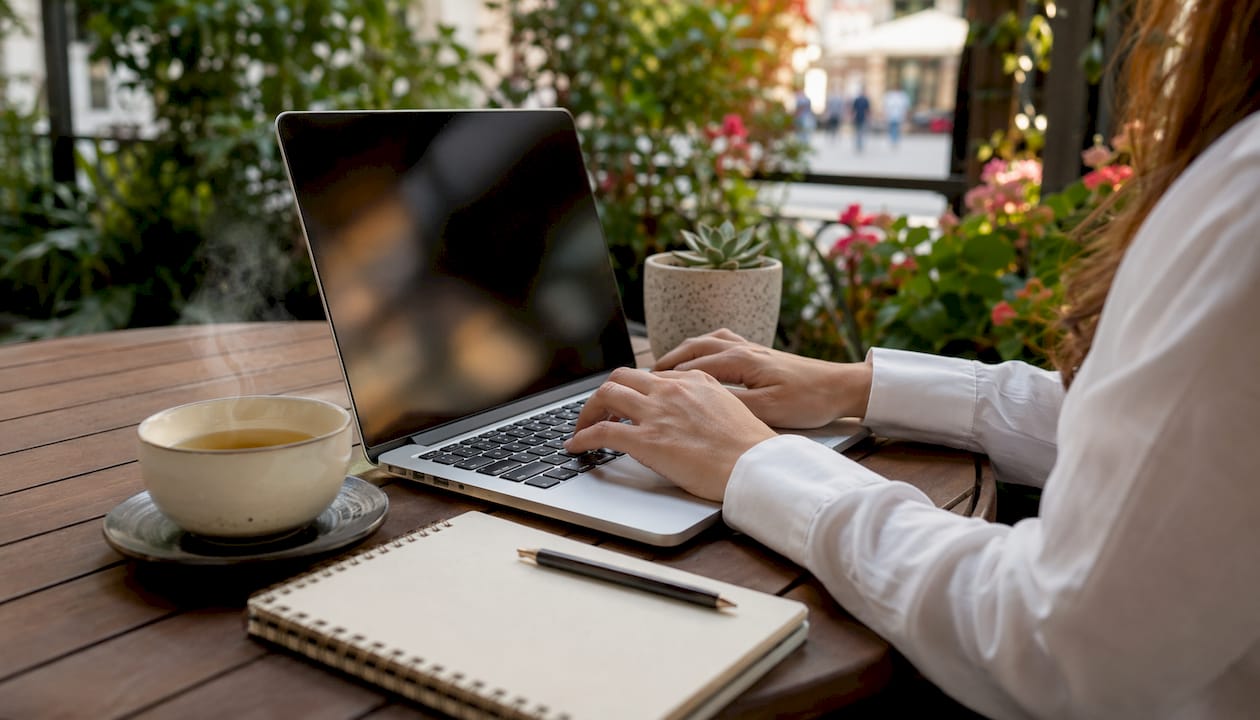 Hands typing on laptop in home office