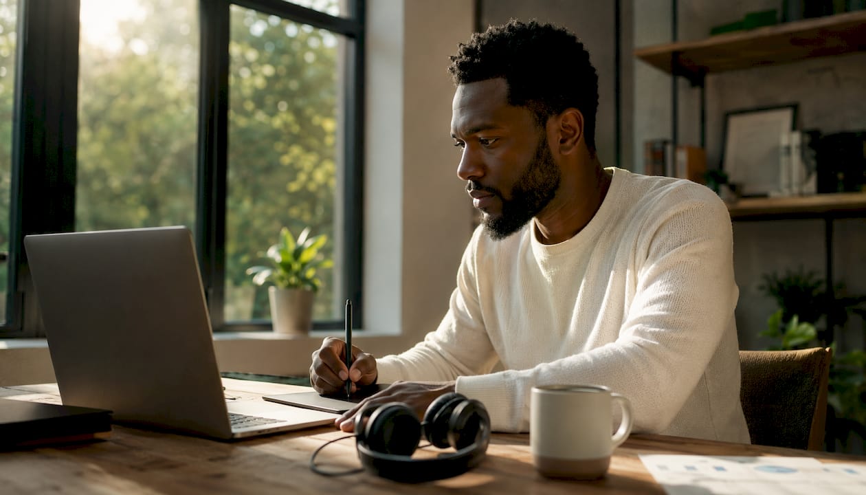 Man planning social media strategy at co-working space
