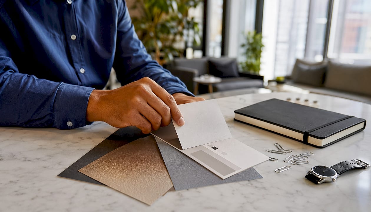 Close-up of hand sorting premium print marketing samples