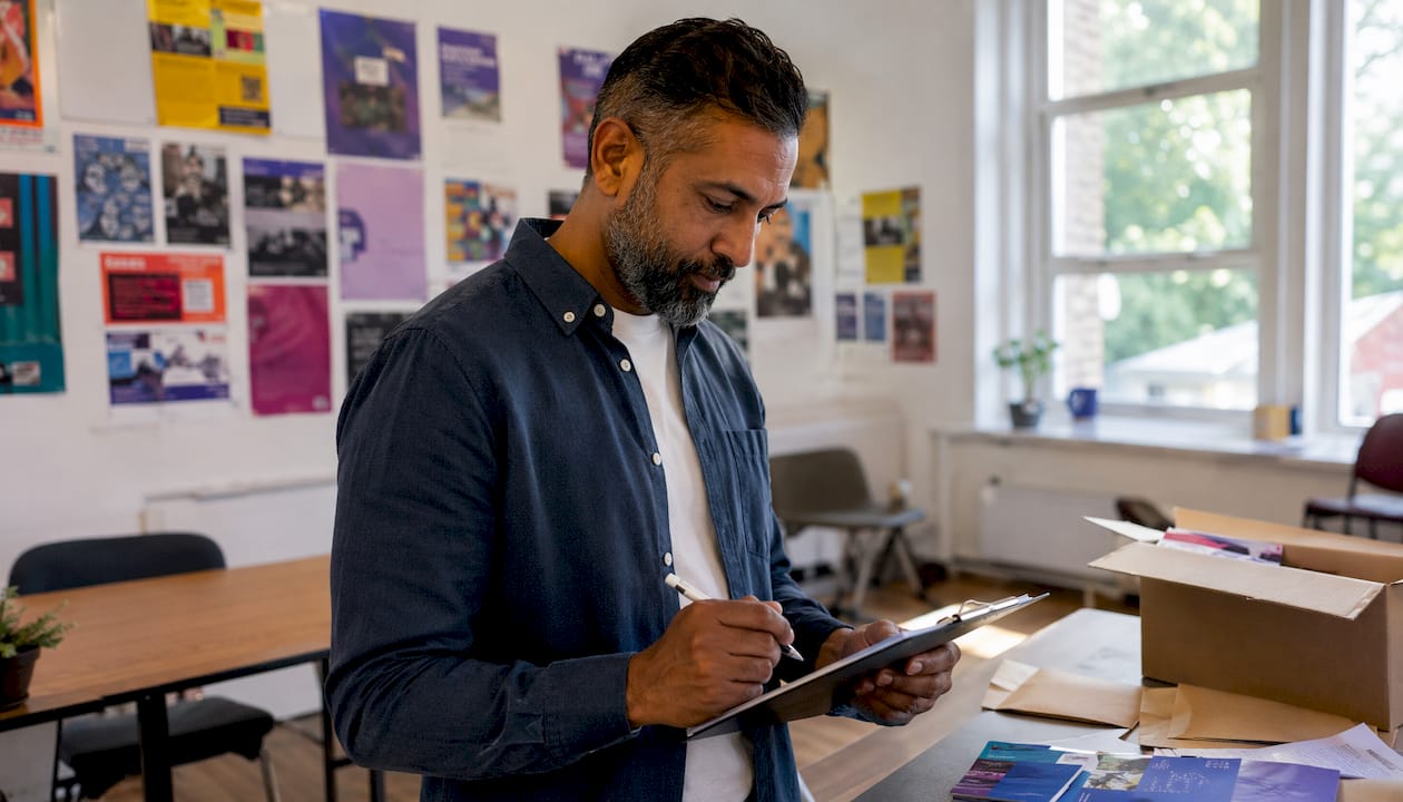 Man planning local flyer distribution in small office