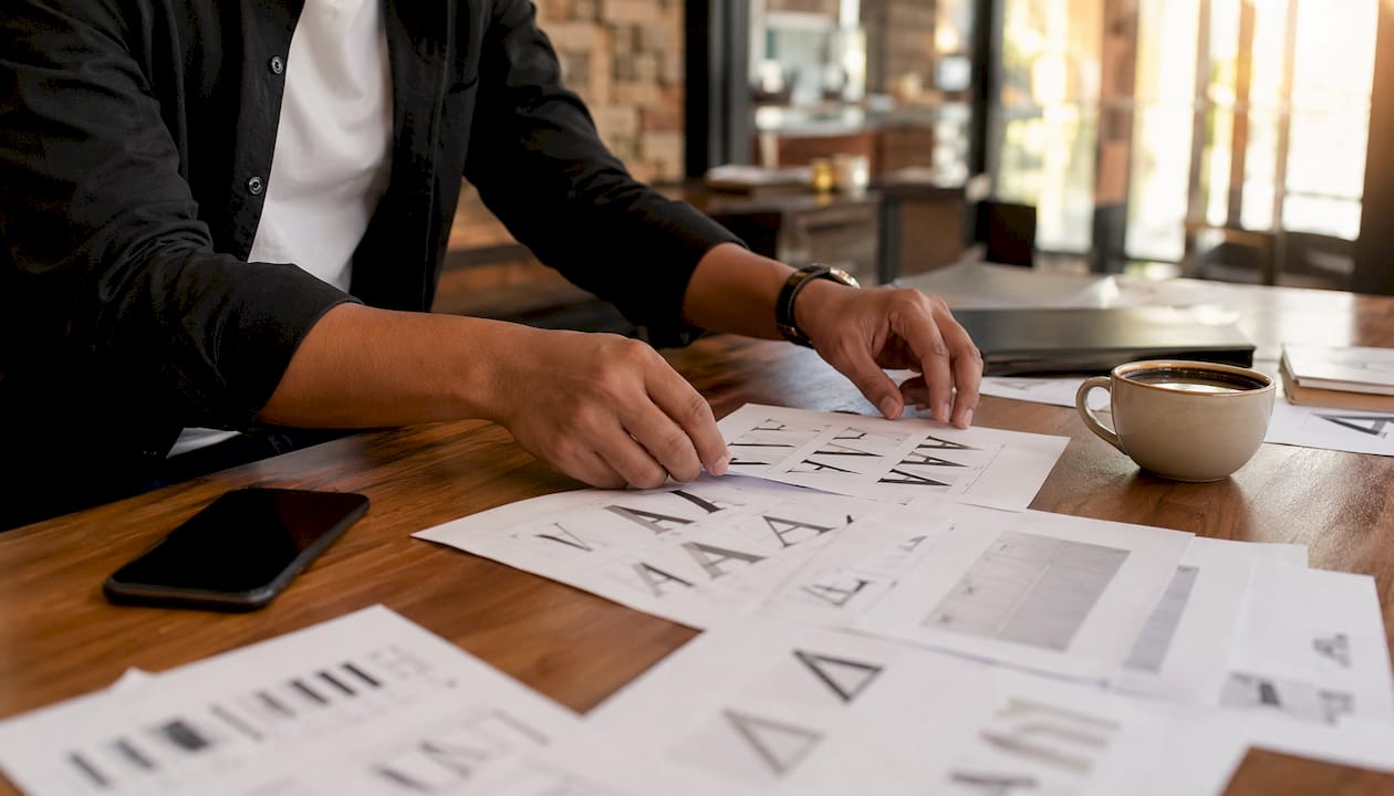 Hands sorting typography font samples on table