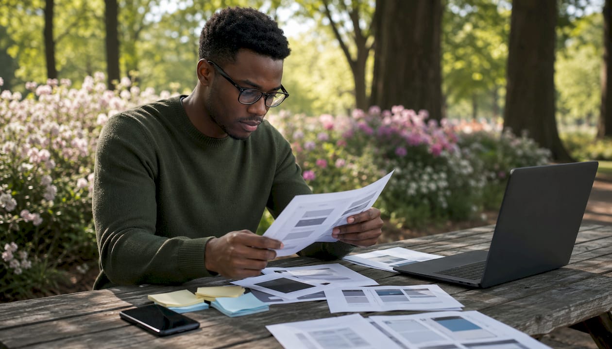 Side profile of UX designer reviewing typography drafts