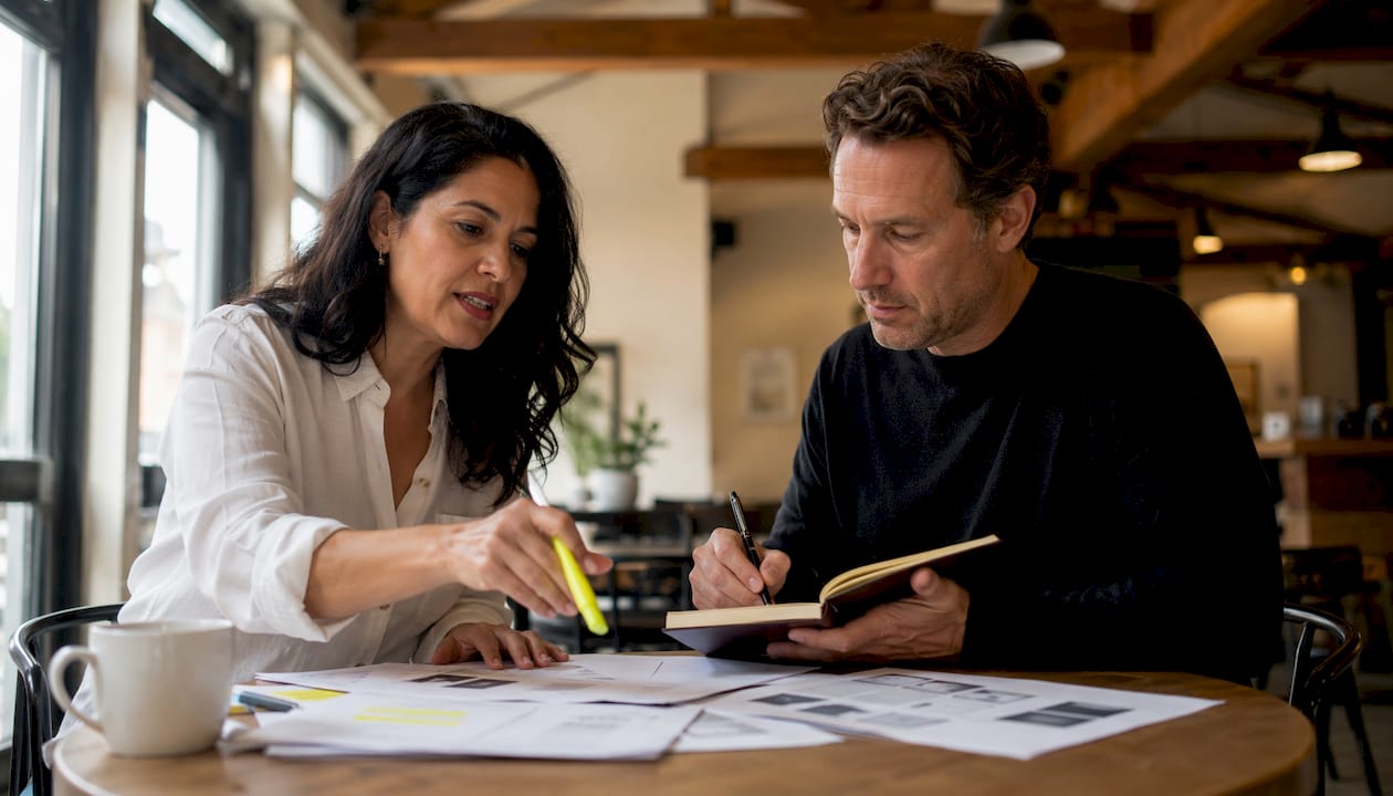 Two professionals discussing typographic hierarchy mockups