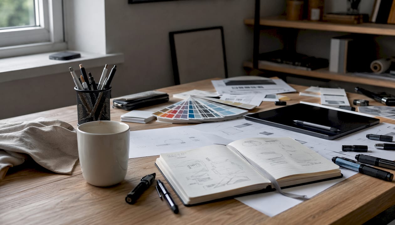Creative branding materials on drafting table overhead view