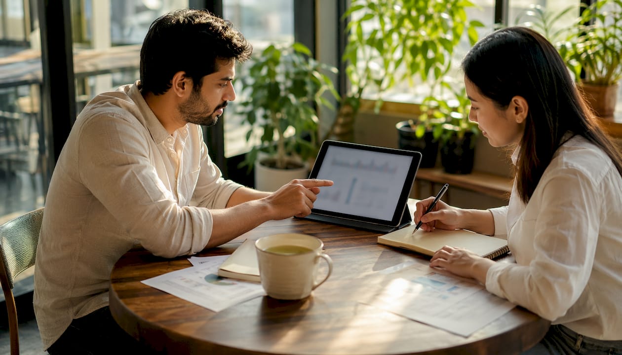 Marketing professionals analyzing brand performance on computer