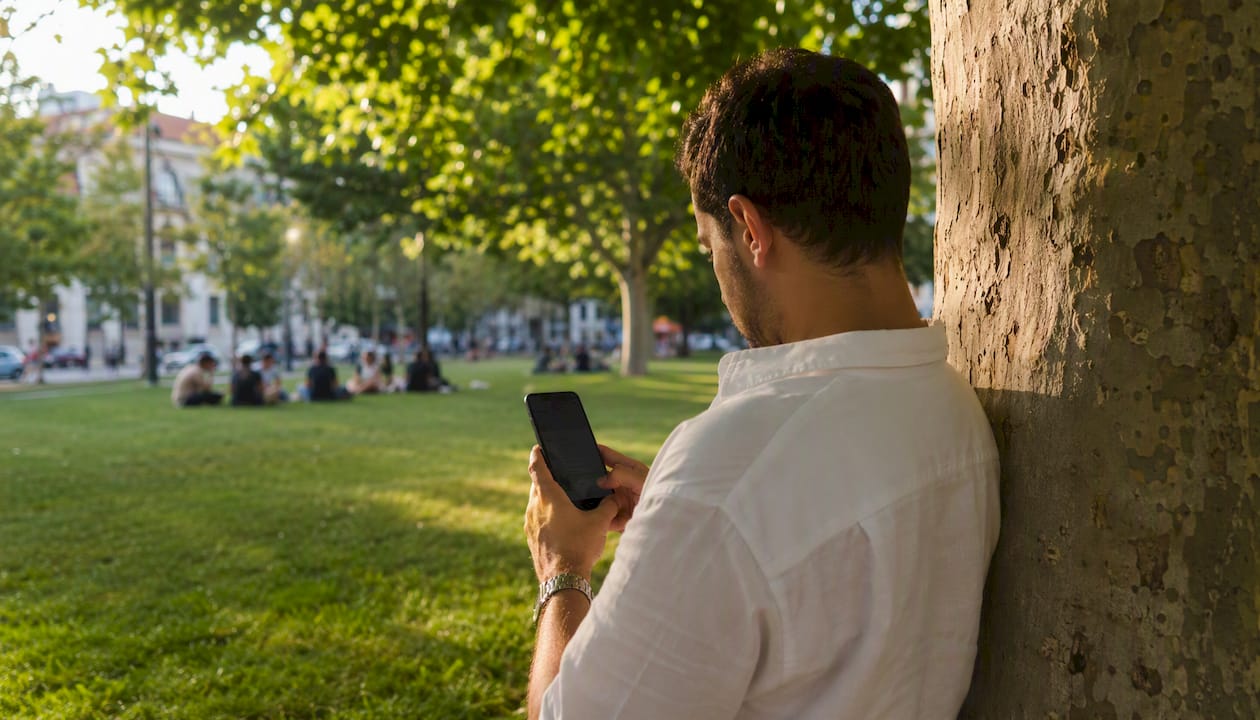 Hands holding phone checking local Google search results