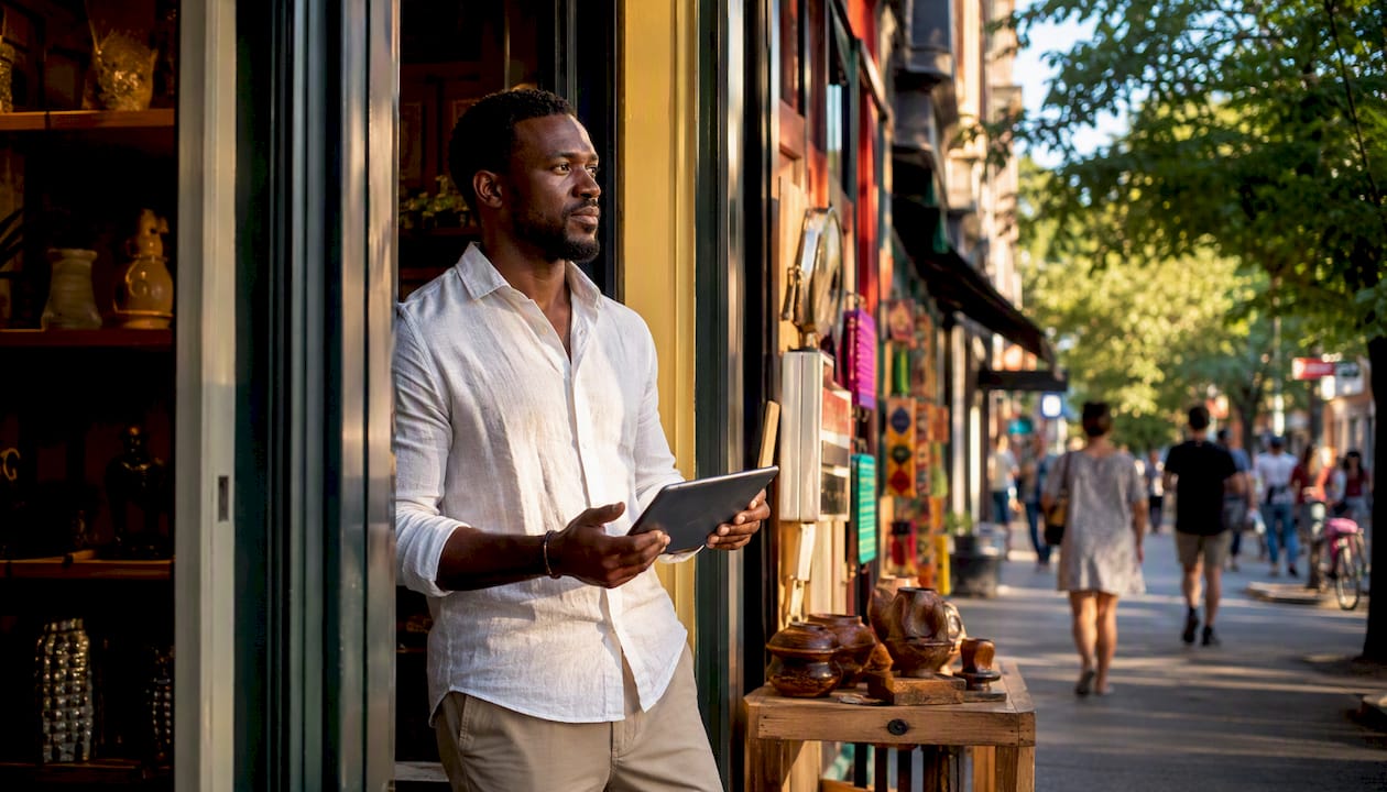 Shop owner checking tablet in retail store