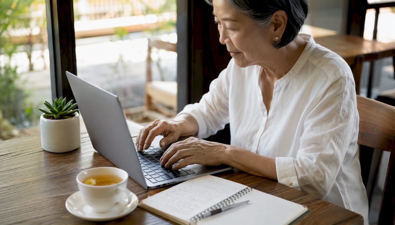 Hands typing review responses at home office