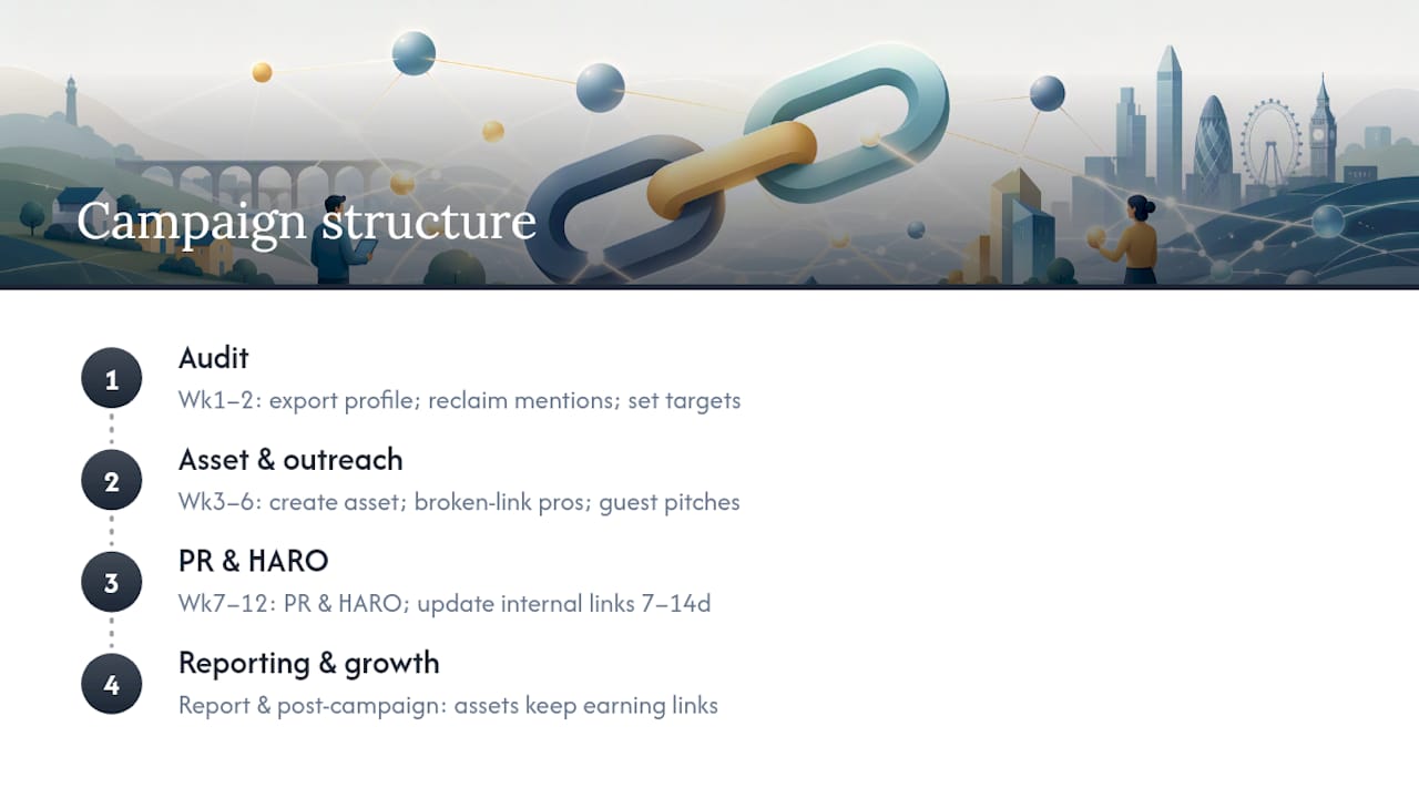 How Fyldedigital plans and runs link building campaigns — overview diagram