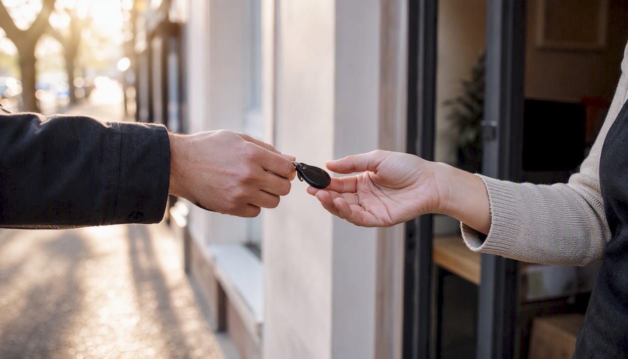 Customer receiving loyalty key fob at local shop