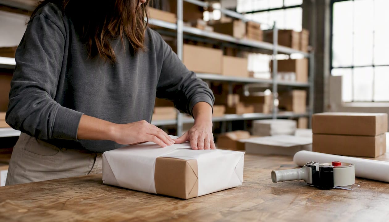 Hands packing parcels in e-commerce warehouse