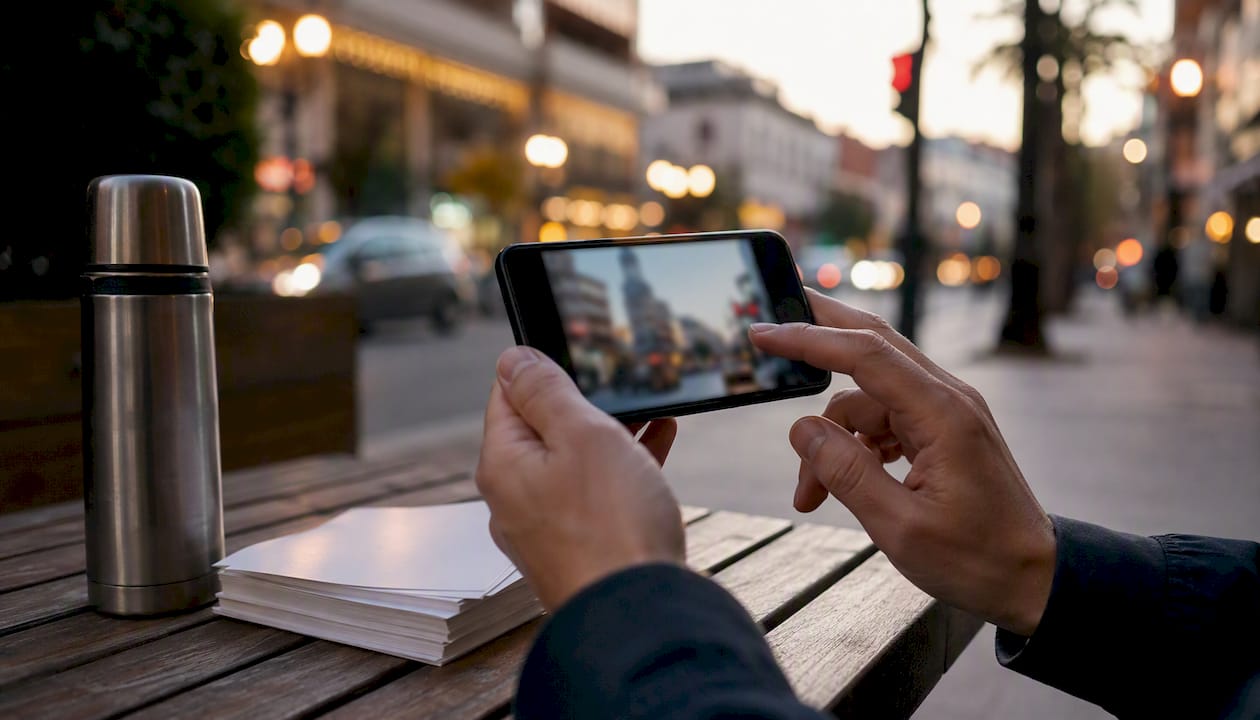 Hands using smartphone for AR interaction outdoors