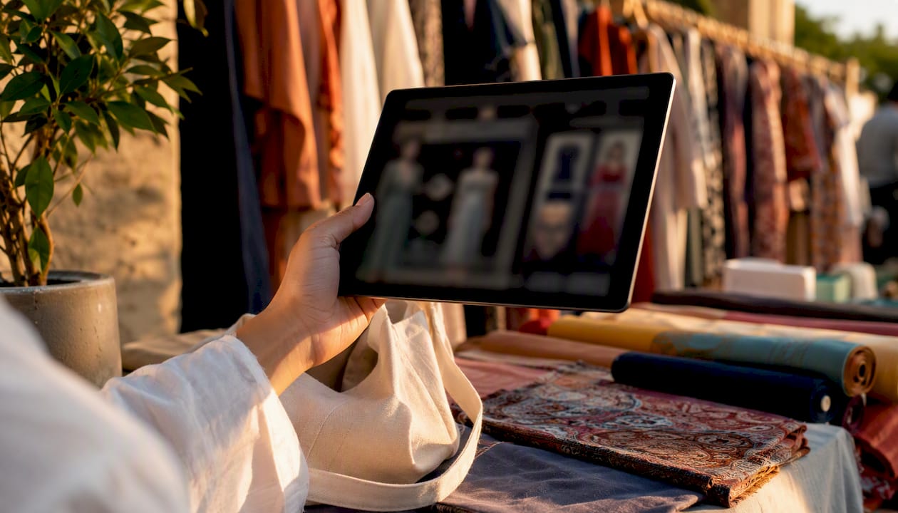 Hand holding tablet showing AR try-on in retail