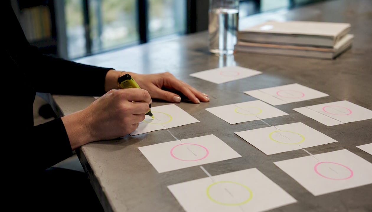 Hands mapping topic cluster links on paper