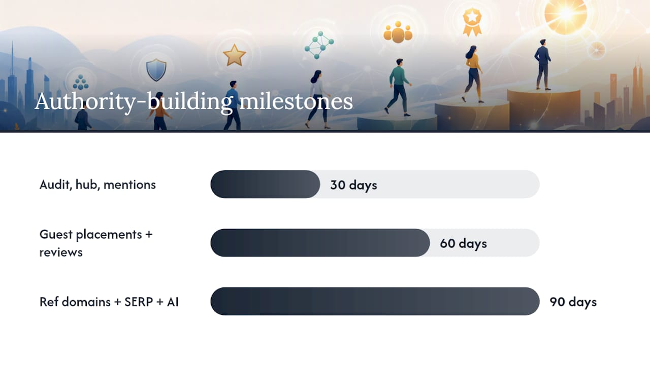 SEO authority building timeline with KPIs