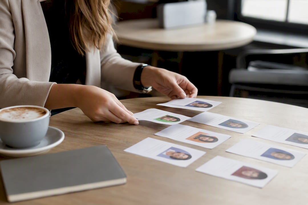 Hands handling persona profile cards on desk