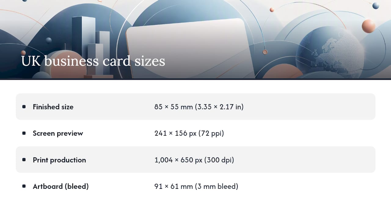 Business card dimensions and pixel conversions