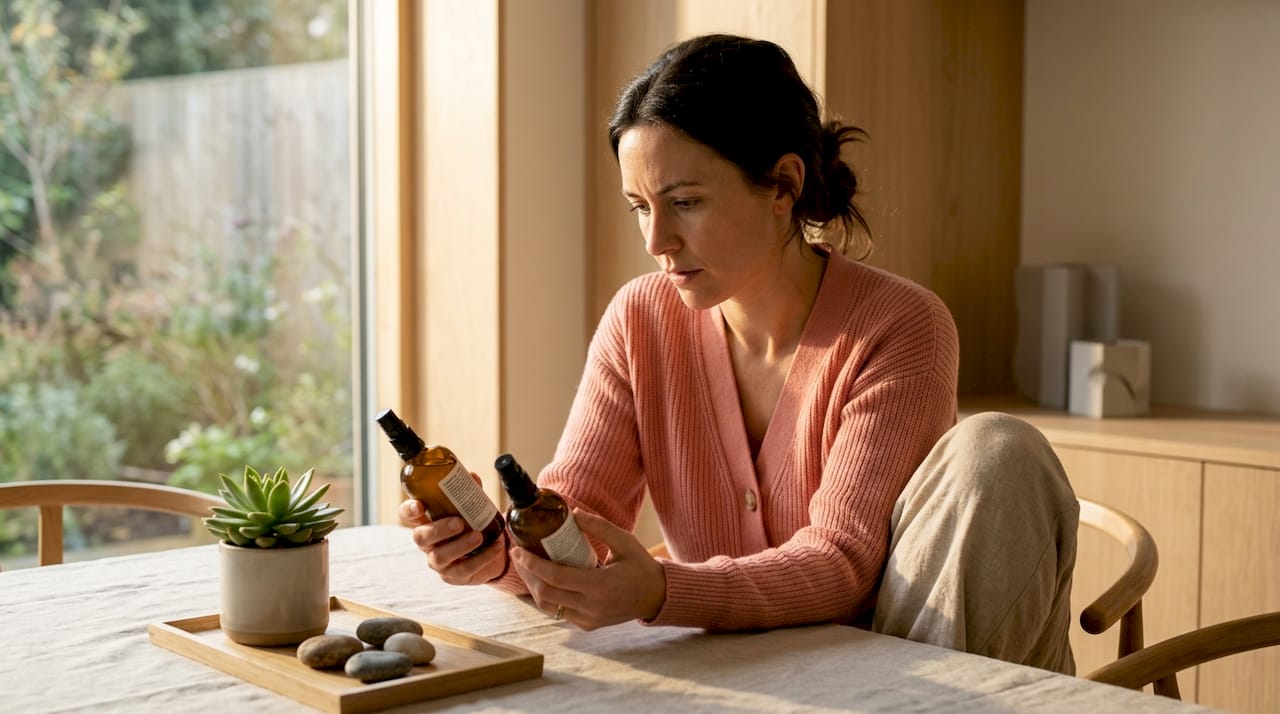 Woman comparing organic skincare product labels at home