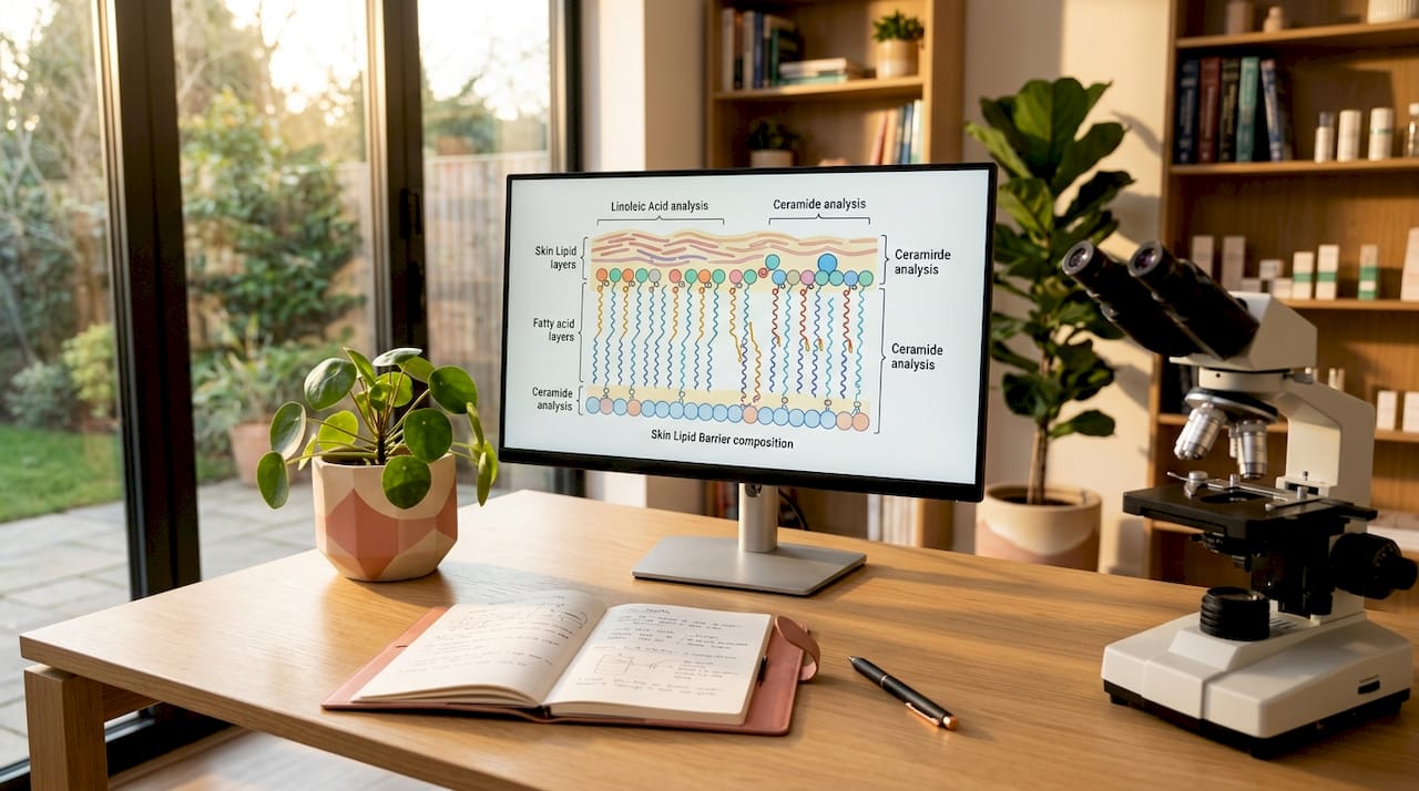 Dermatologist desk showing skin lipid chemistry diagram