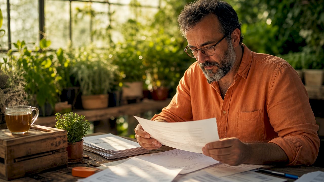 Inspector reviewing organic certification paperwork in farm office
