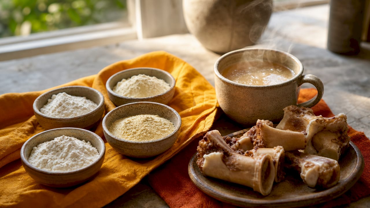 Close-up of amino acids and bone broth