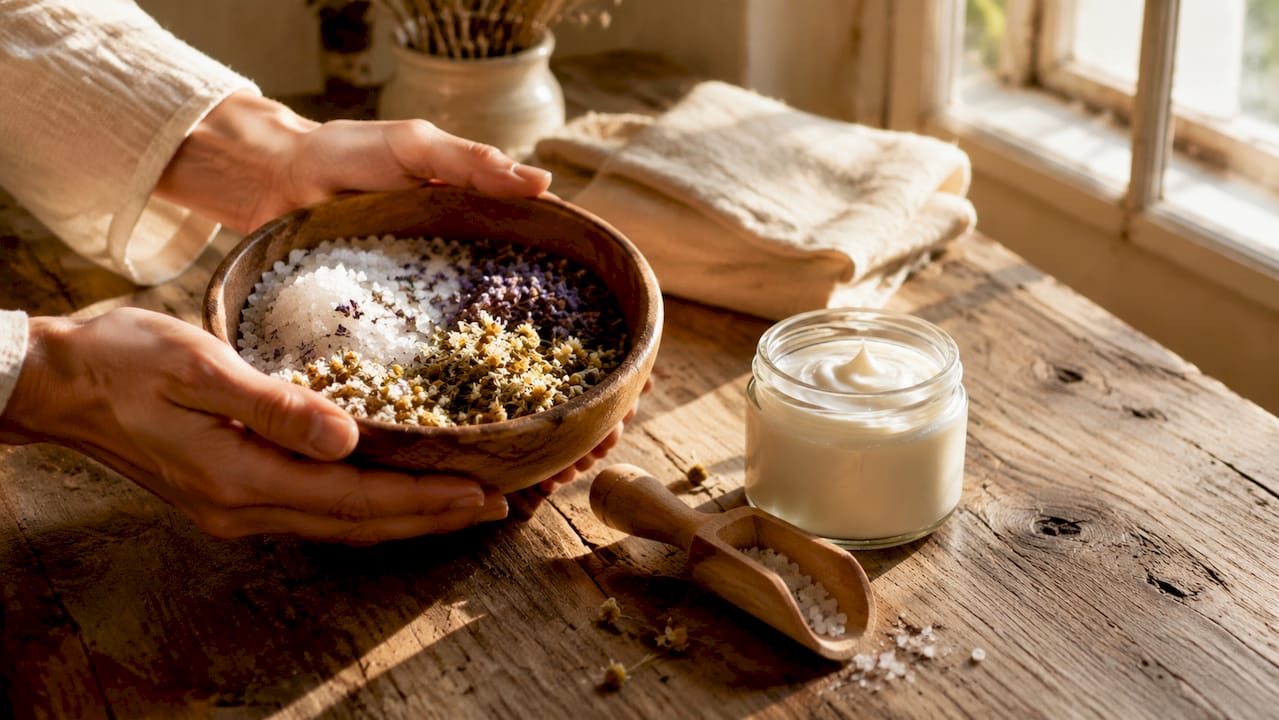 Hands holding natural skincare ingredients bowl