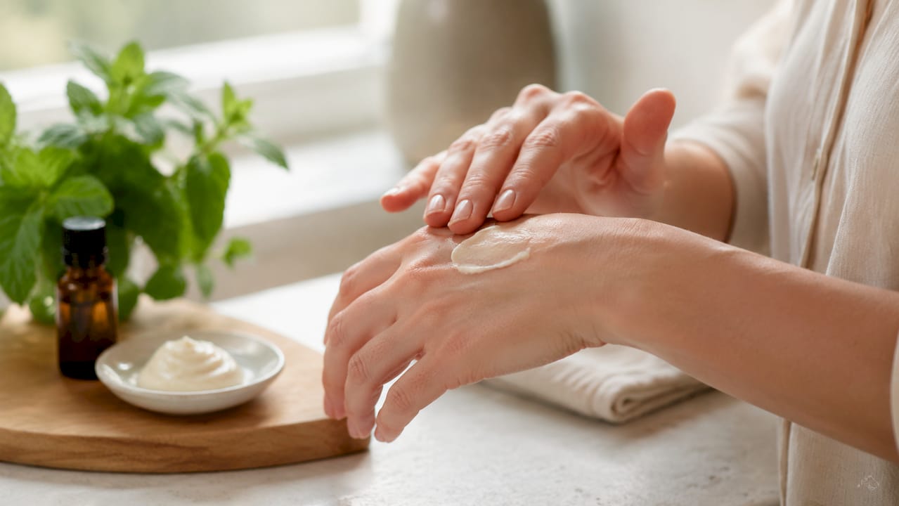 Hands applying tallow moisturizer on skin
