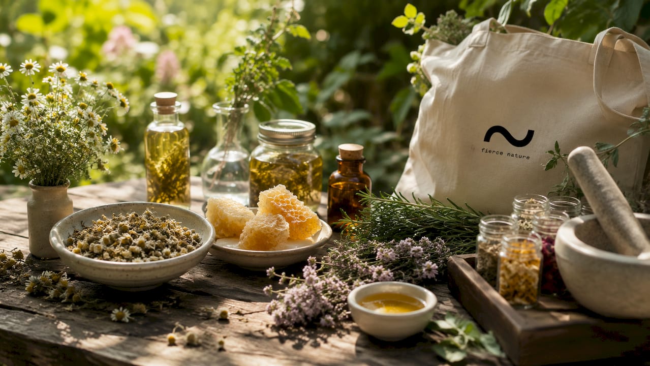 Natural ingredients for face balm on wooden table