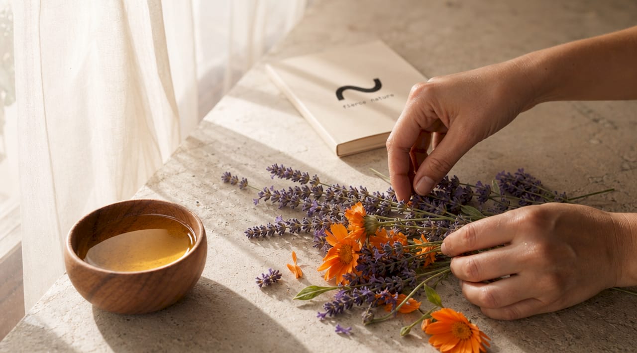 Hands handling flowers and essential oils