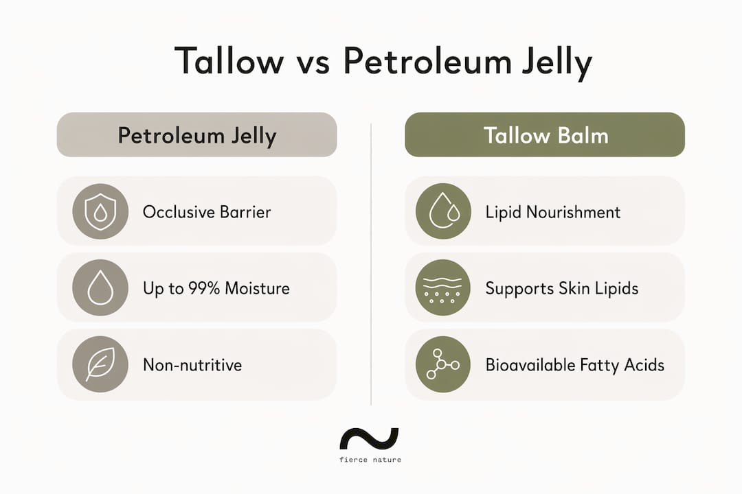 Comparison infographic of tallow balm and petroleum jelly benefits