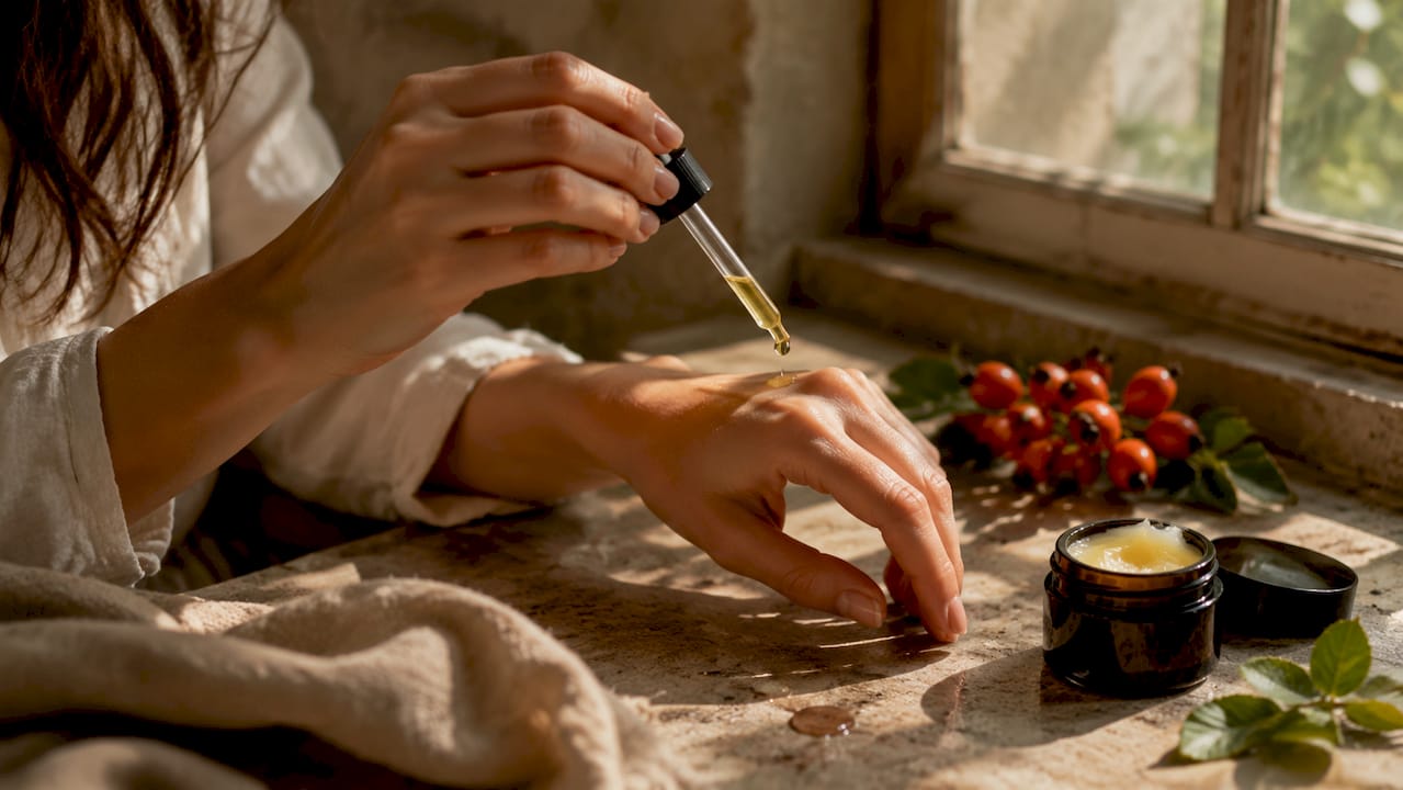 Hands applying rosehip seed oil on skin