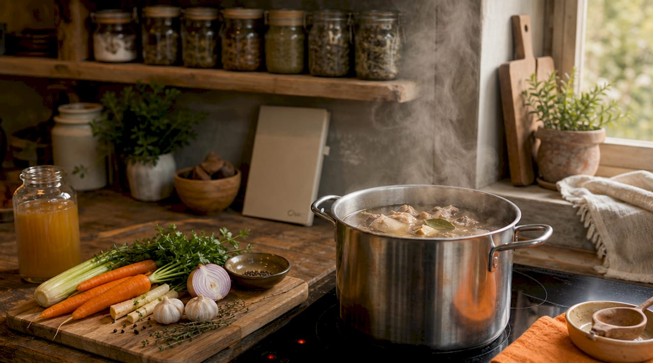 Simmering organic bone broth on stove