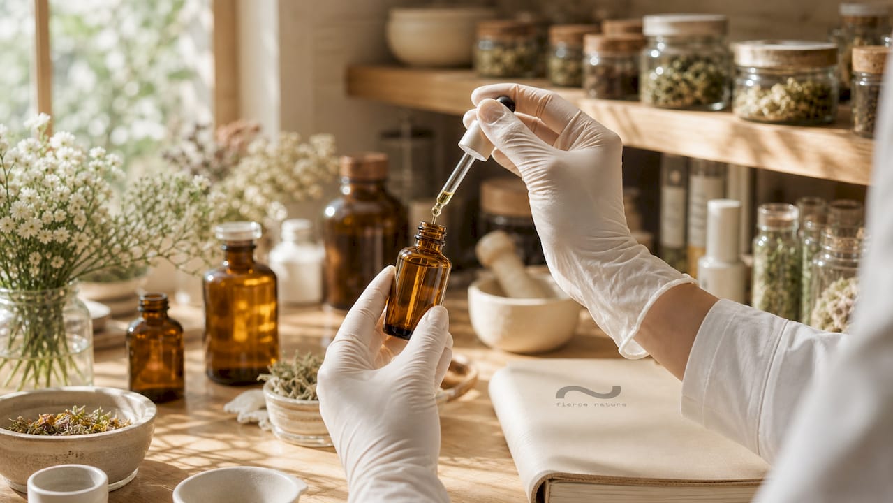 Hands inspecting vitamin C serum bottle