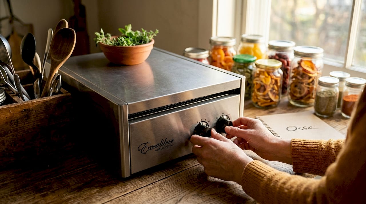 Hands adjusting dehydrator dial in home pantry