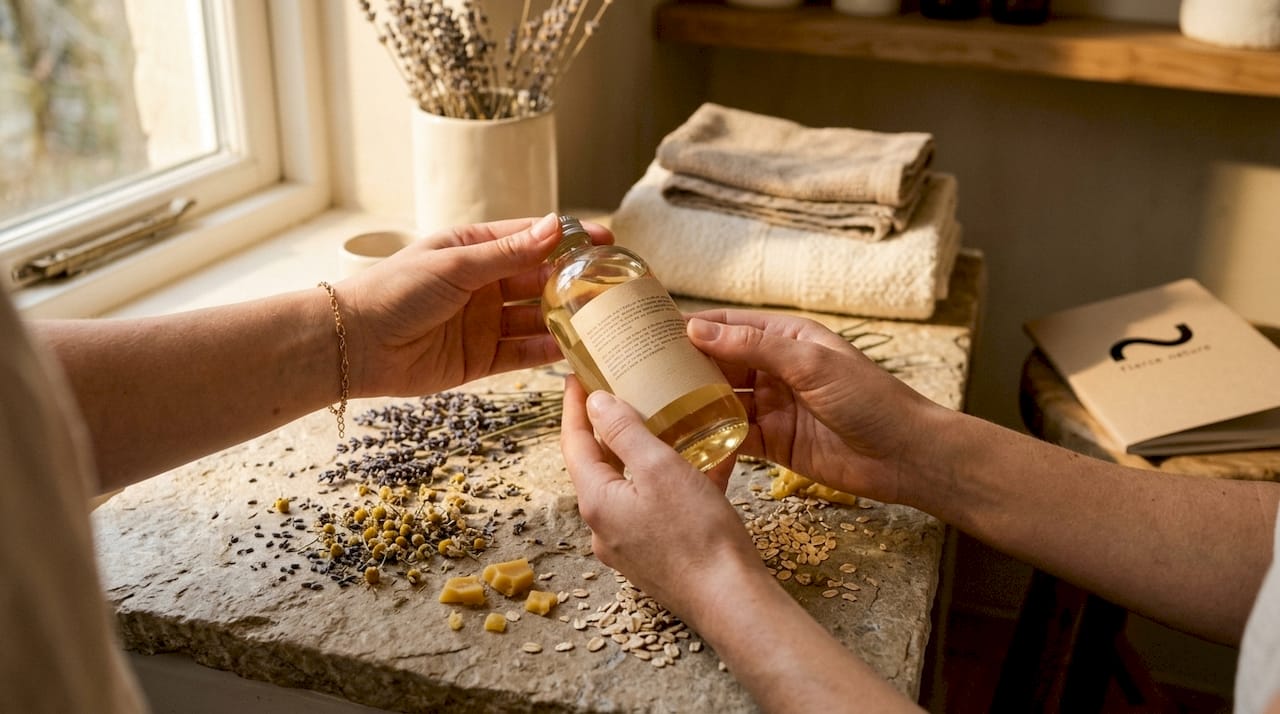 Hands examining greenwashing claims on shampoo bottle