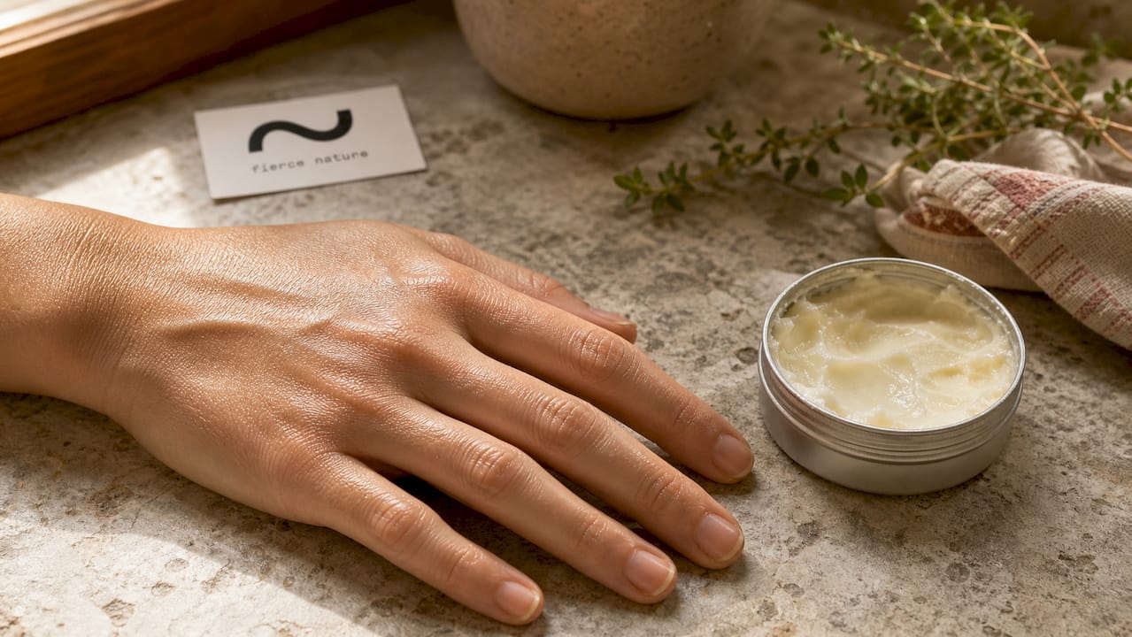 Close-up of hand with tallow balm nearby