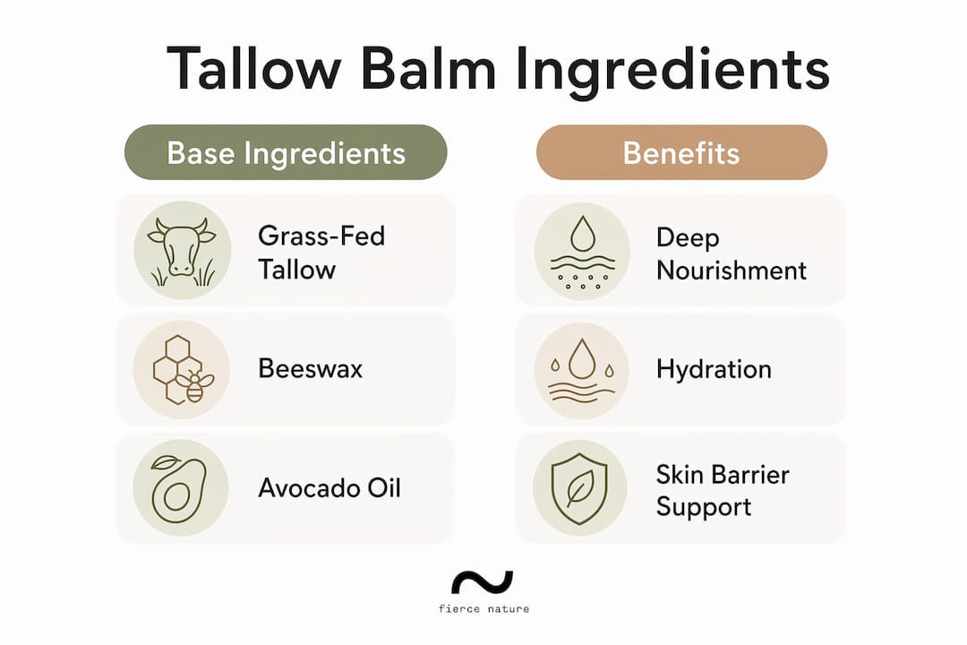 Infographic showing ingredients and benefits of tallow balm