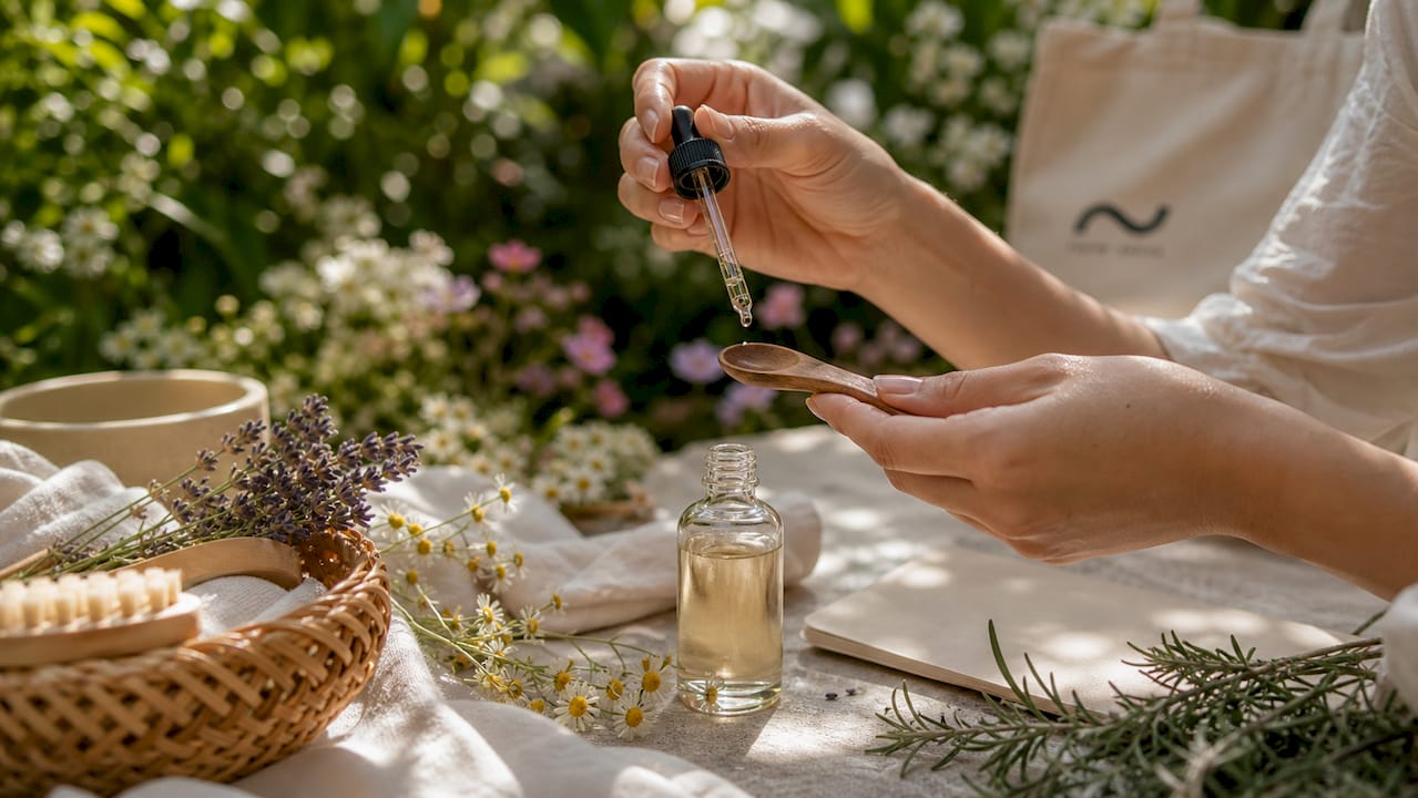 Hands pouring natural facial serum on palm