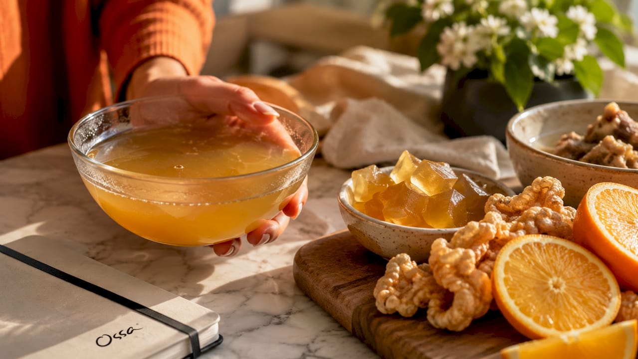 Hand holding glass of bone broth with collagen foods