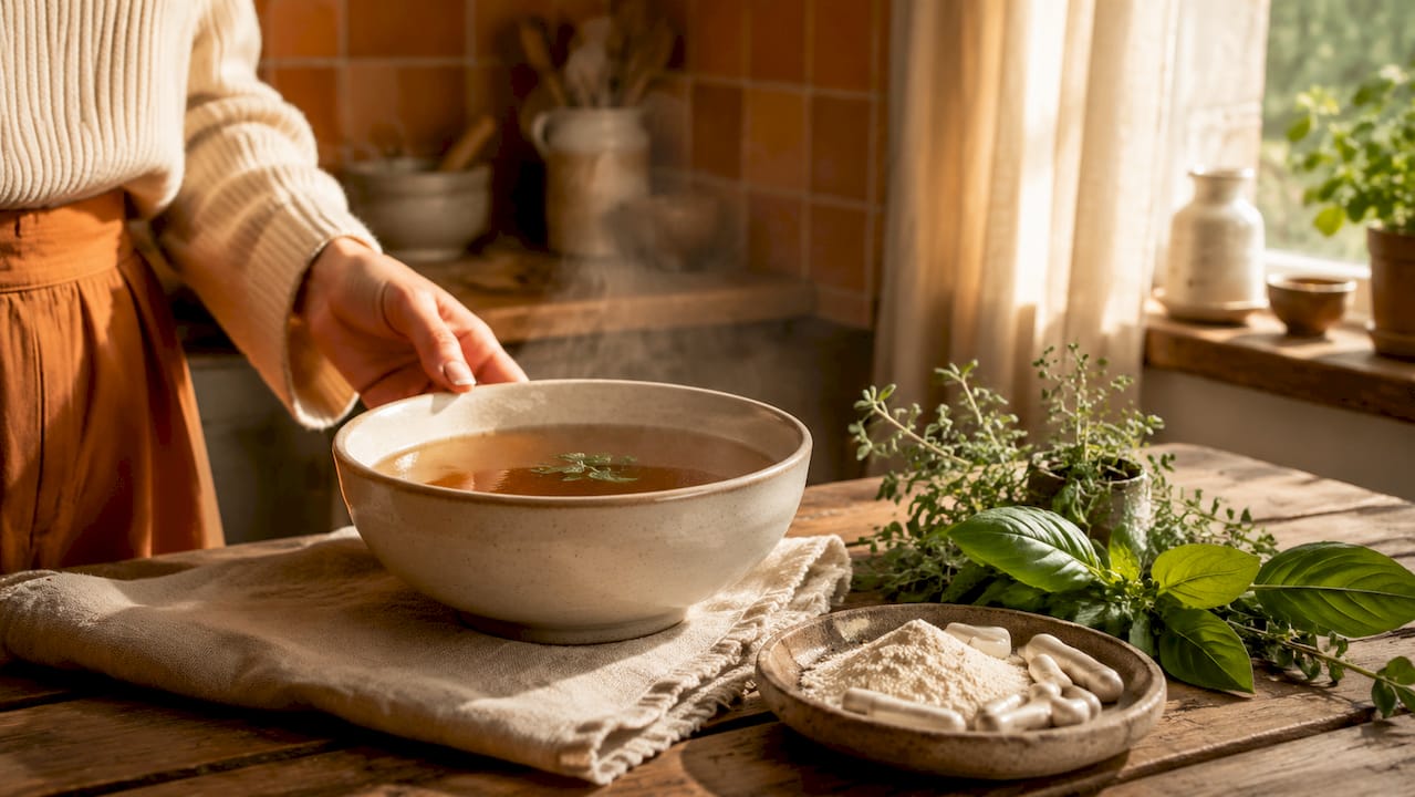 Bone broth bowl with herbs and supplements