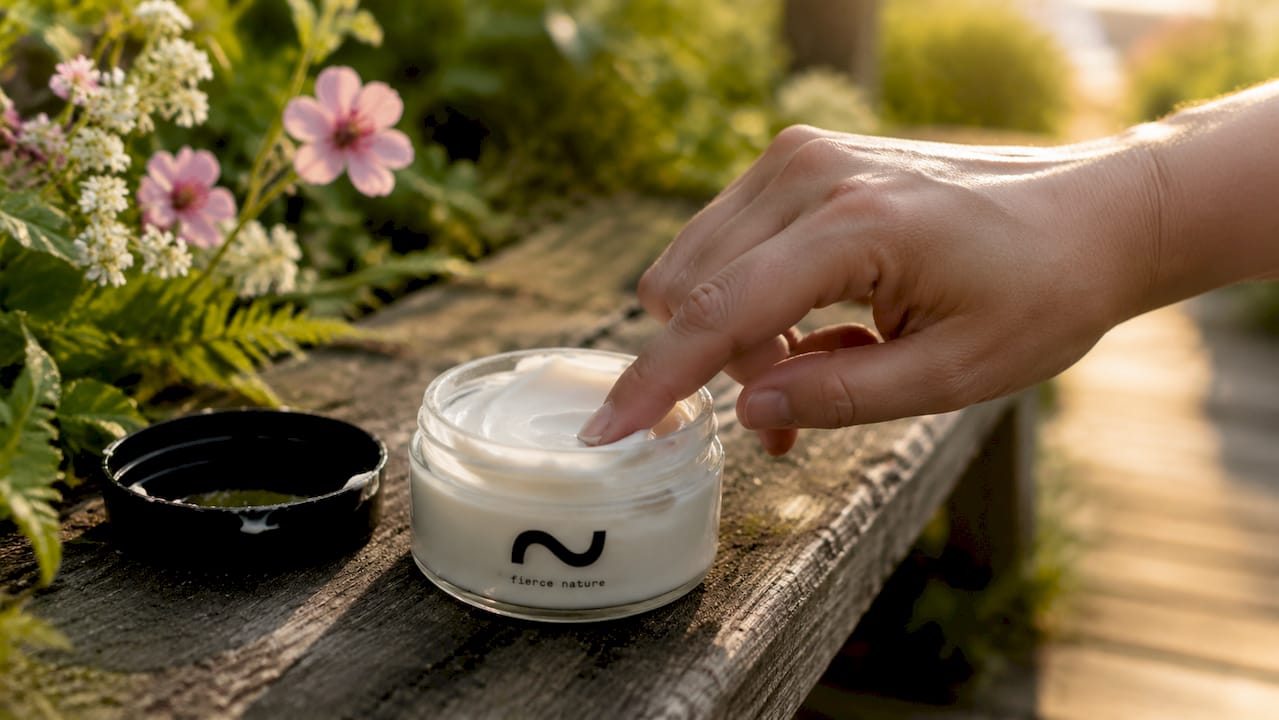 Close-up texture of whipped balm in jar with finger dip