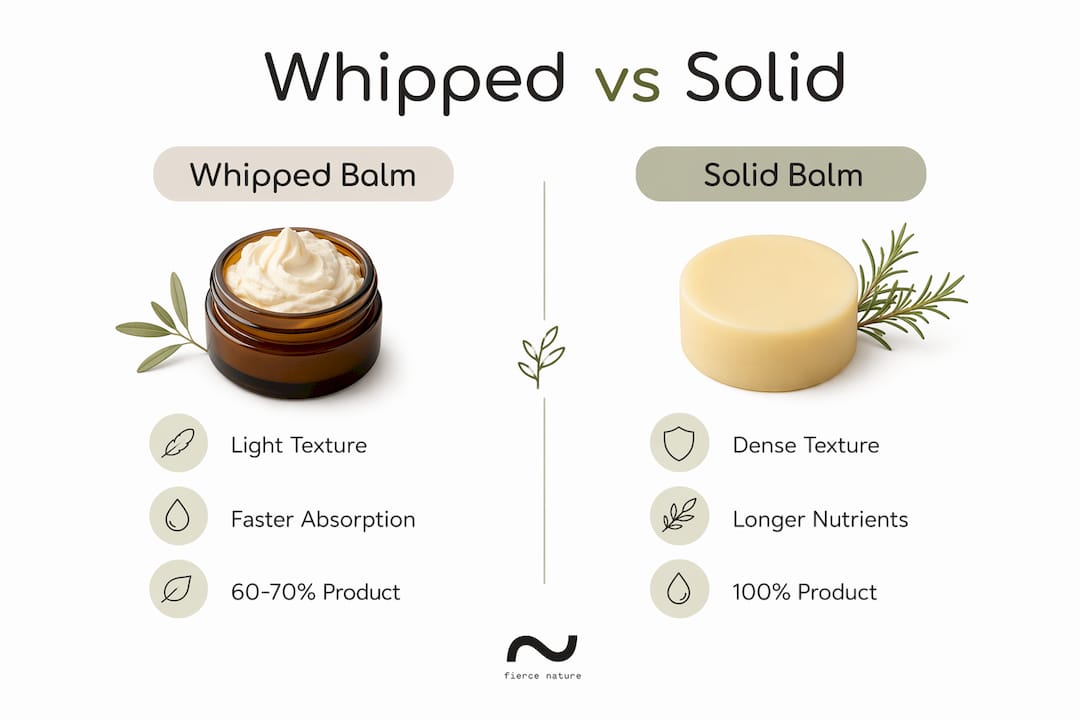 Comparison infographic of whipped balm and solid balm characteristics