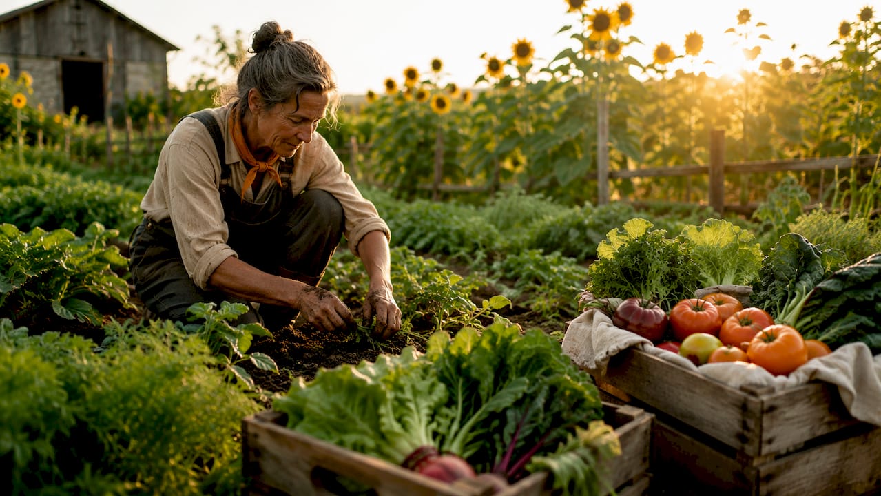 Hands pulling weeds in organic vegetable garden