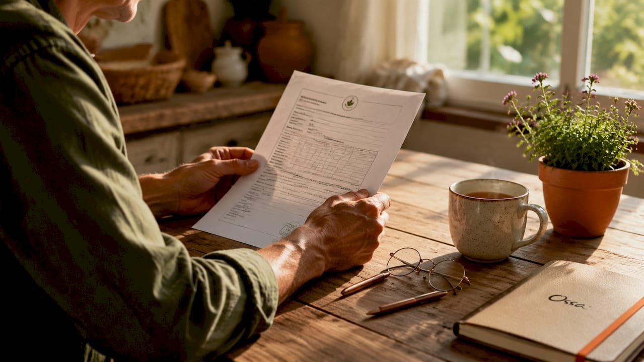 Close-up of hands reviewing organic certification document