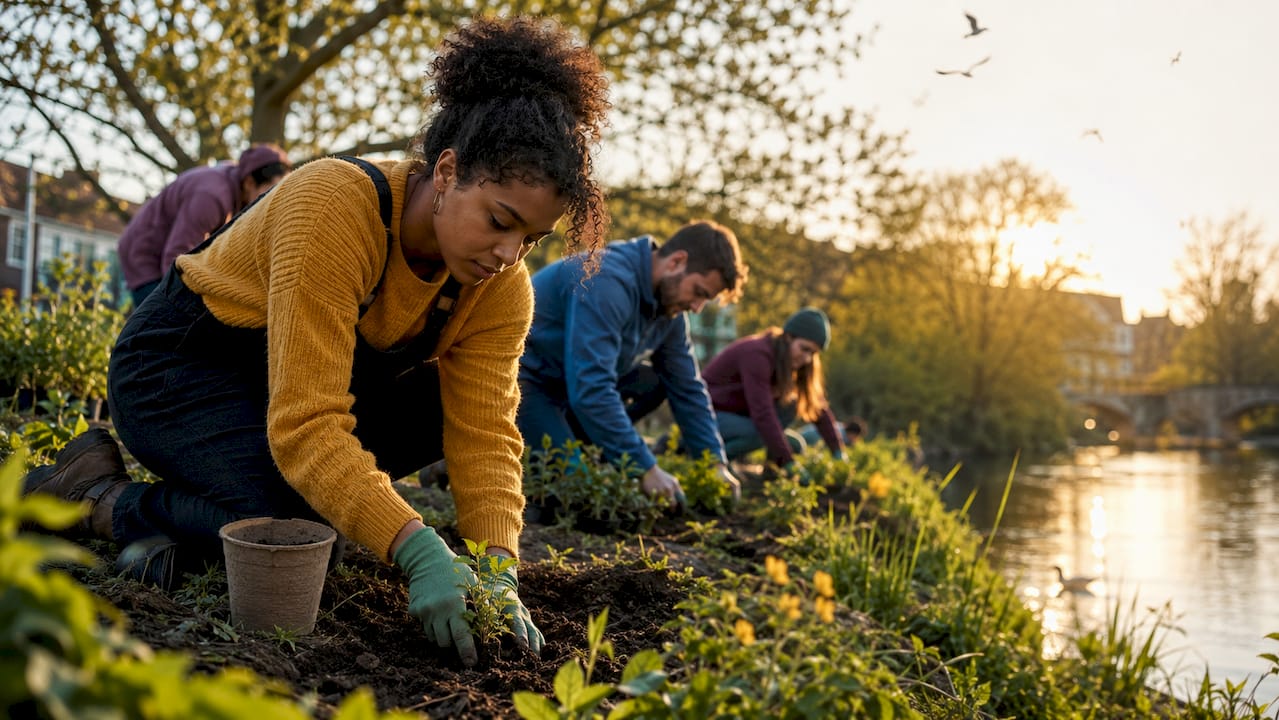 Volunteers cleaning UK riverbank outdoors